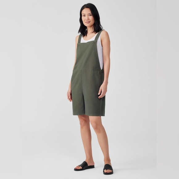 Eileen Fisher Cotton Hemp Stretch Short Overalls in Olive Green S